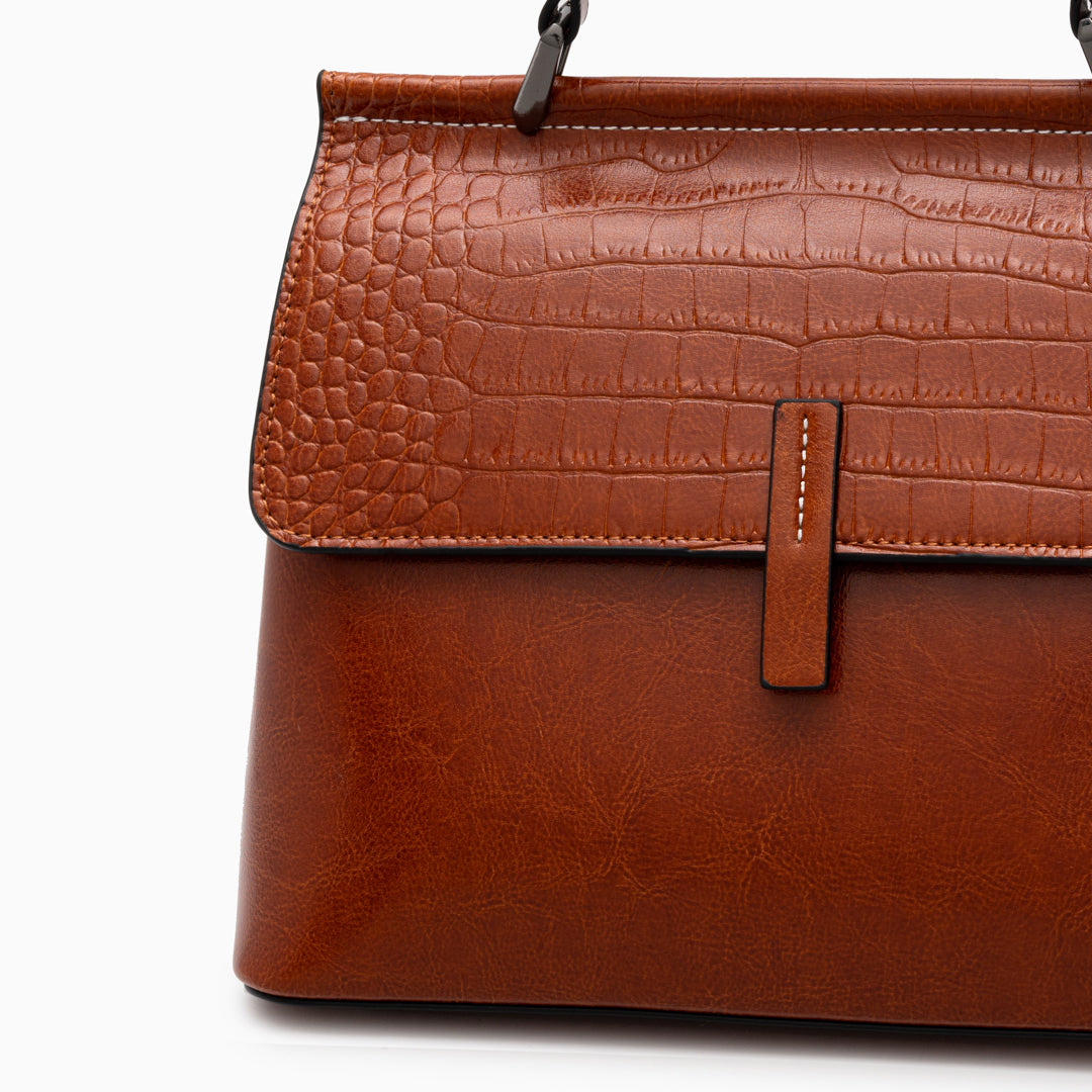 Sac à main en cuir à rabat effet croco, brun expresso