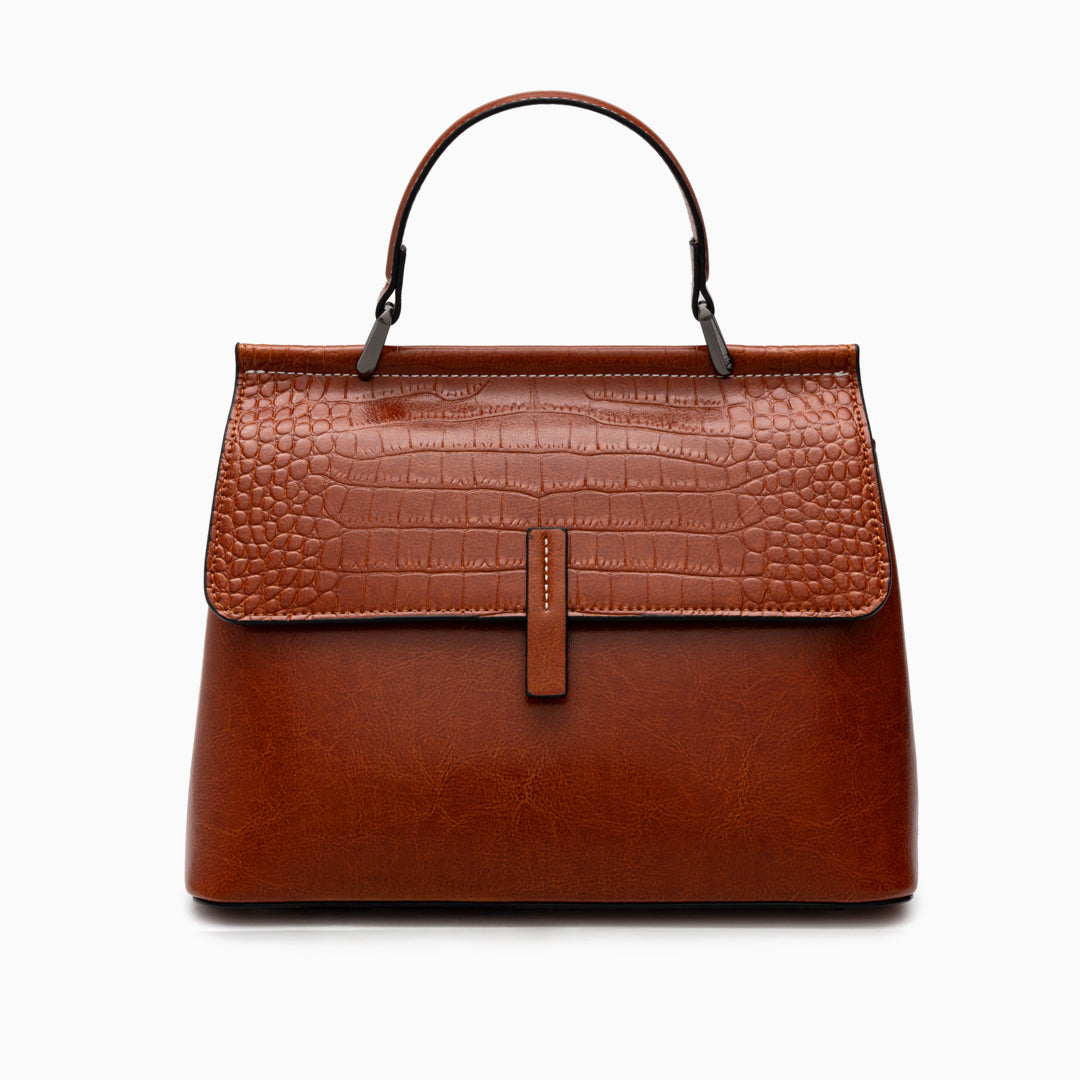 Sac à main en cuir à rabat effet croco, brun expresso
