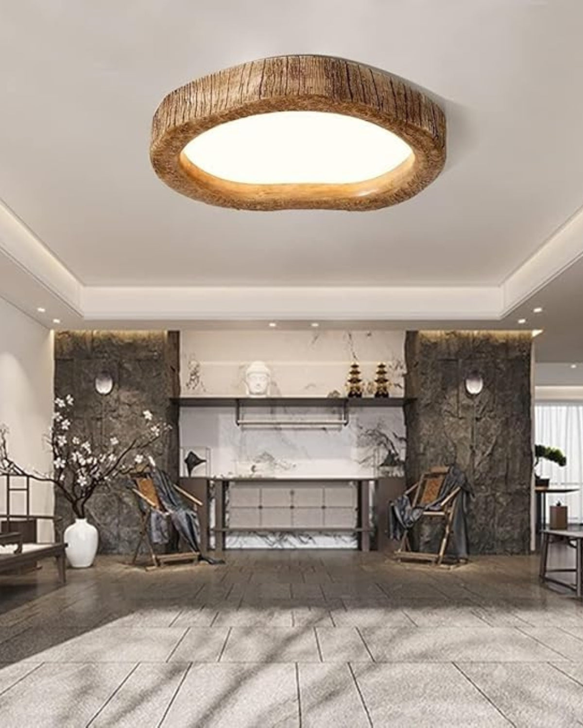 Plafonnier LED en fer et verre, esprit bois naturel