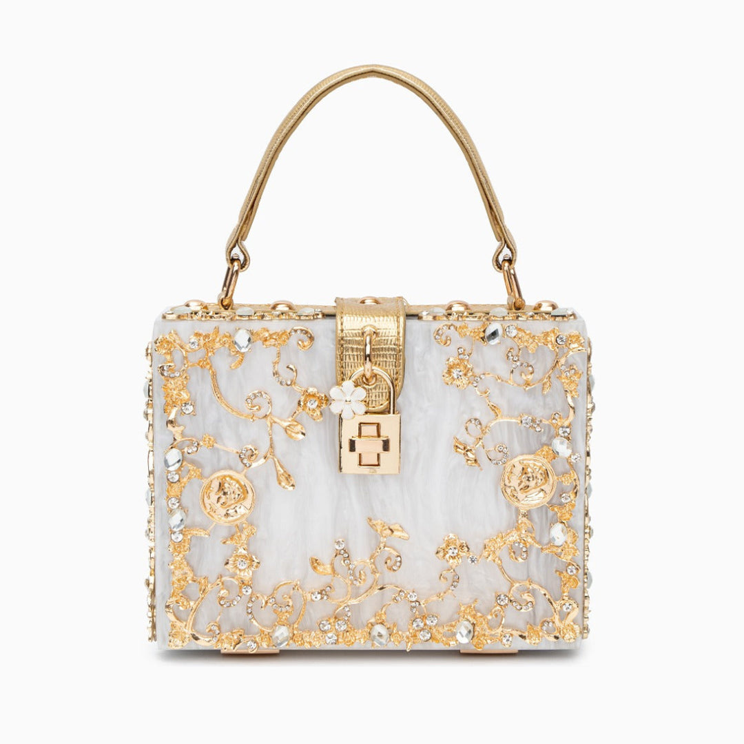 Sac boîte en acrylique à ornements floraux dorés