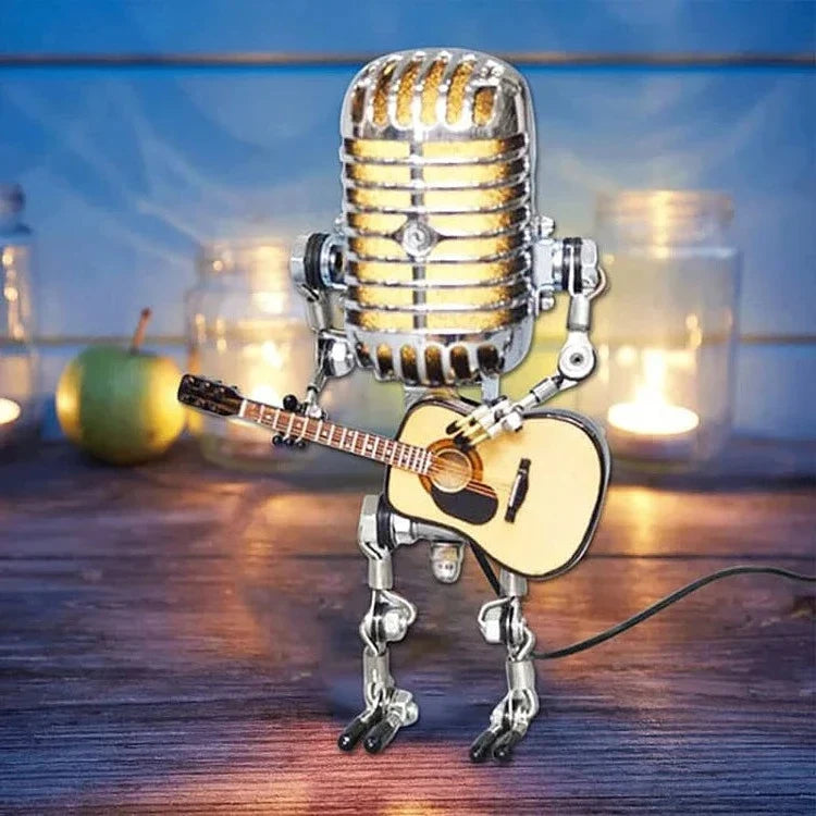 Vintage Metal Microphone Robot Lamp with Guitar