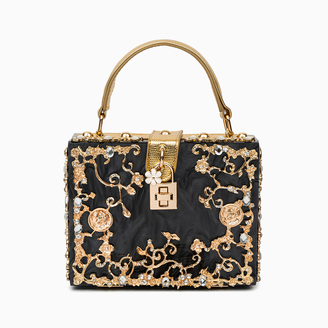 Sac boîte en acrylique à ornements floraux dorés