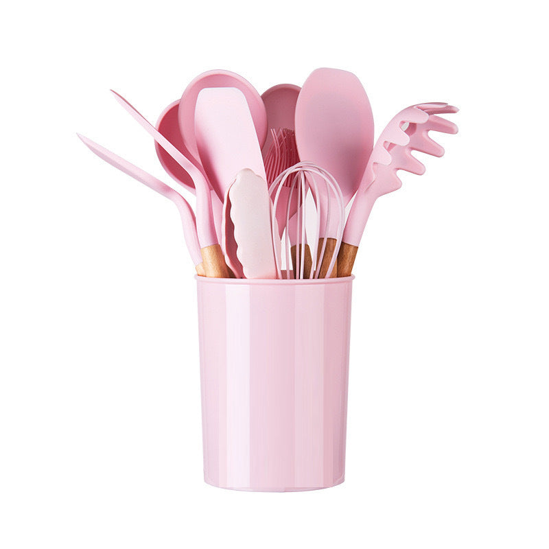 Set de 12 ustensiles en silicone, manches en bois