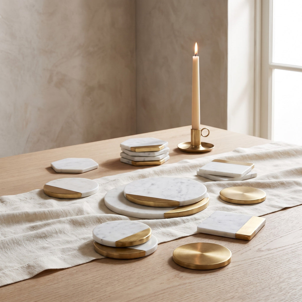 Marble-Effect and Gold Coaster, 4 Shapes