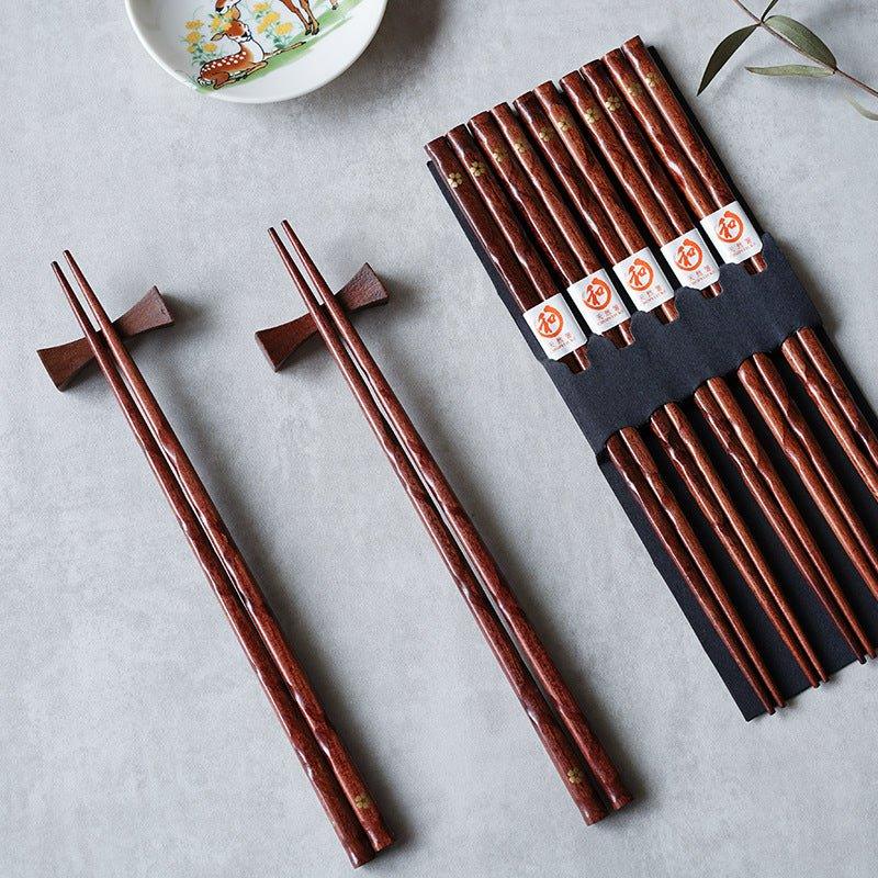 Wooden Chopsticks with Golden Sakura Motif, Set of 5 Pairs