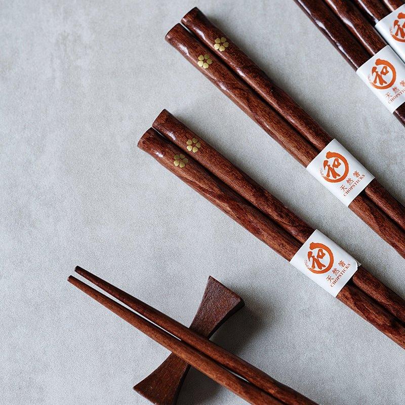 Wooden Chopsticks with Golden Sakura Motif, Set of 5 Pairs