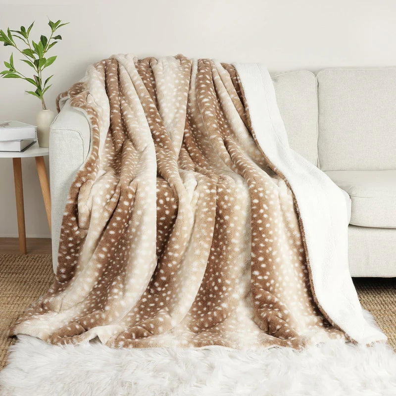 Deer Print Faux Fur Throw, Double-Sided