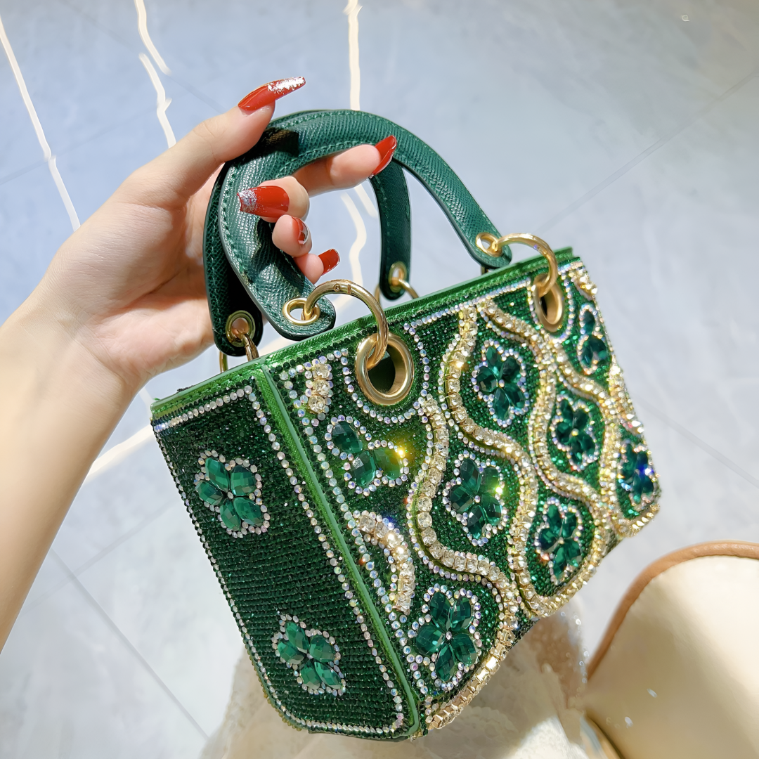 Emerald Green Handbag with Embellished Floral Design