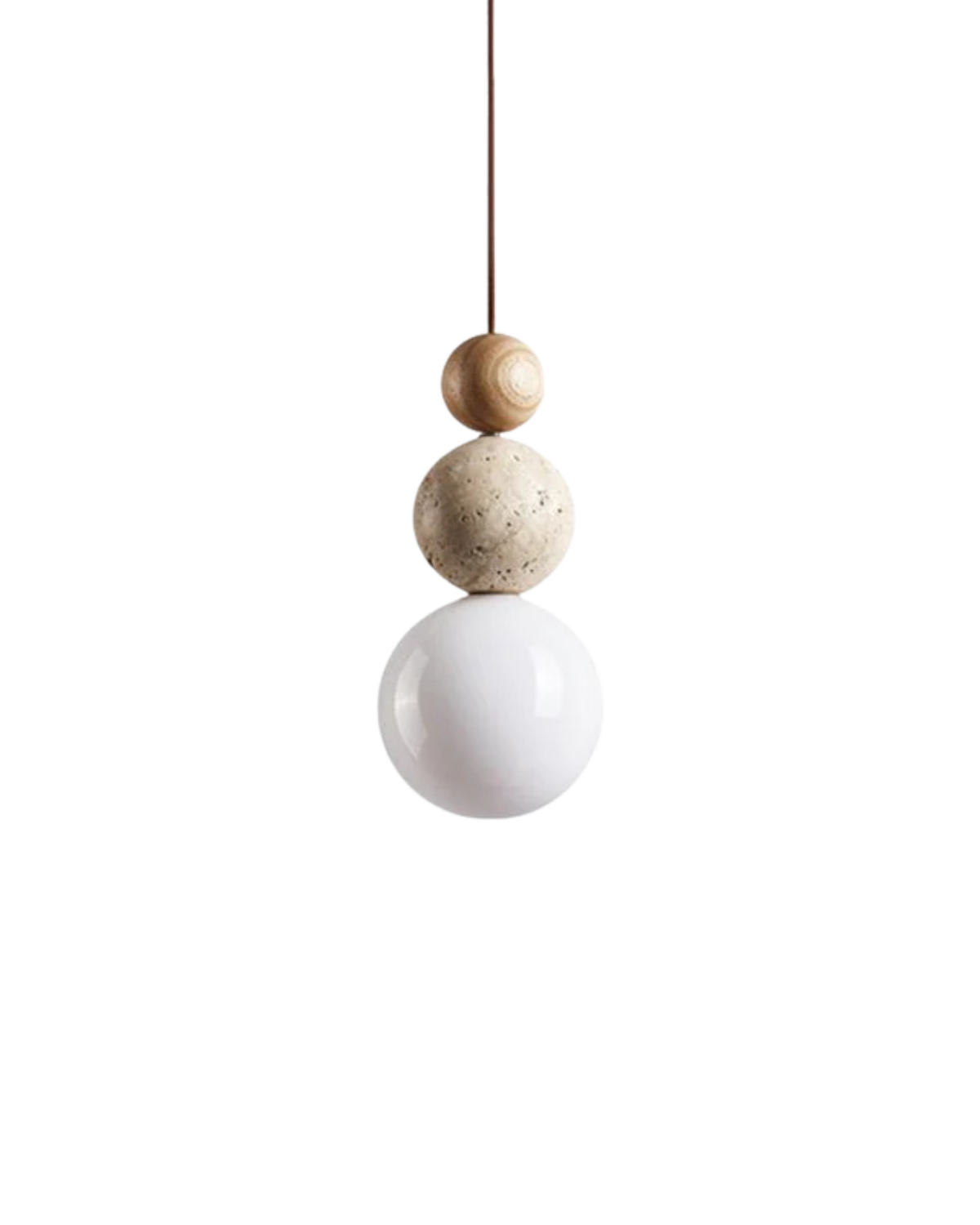 Suspension bois, pierre texturée et sphère de verre