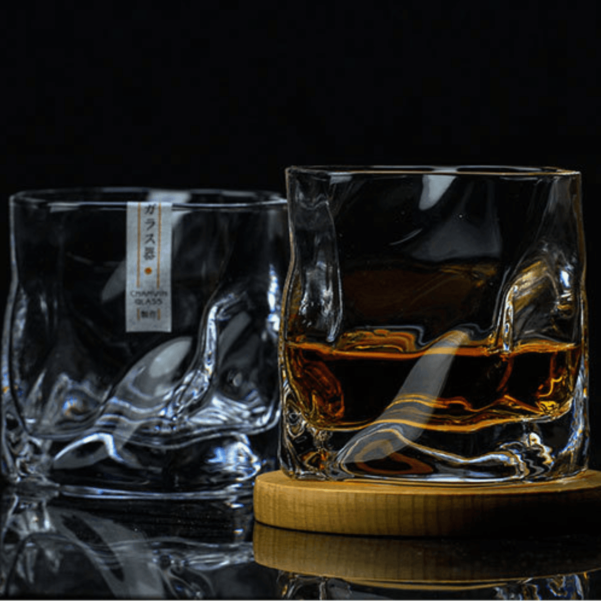 Cut-Glass Whisky Glass, Crumpled Design, Wooden Box