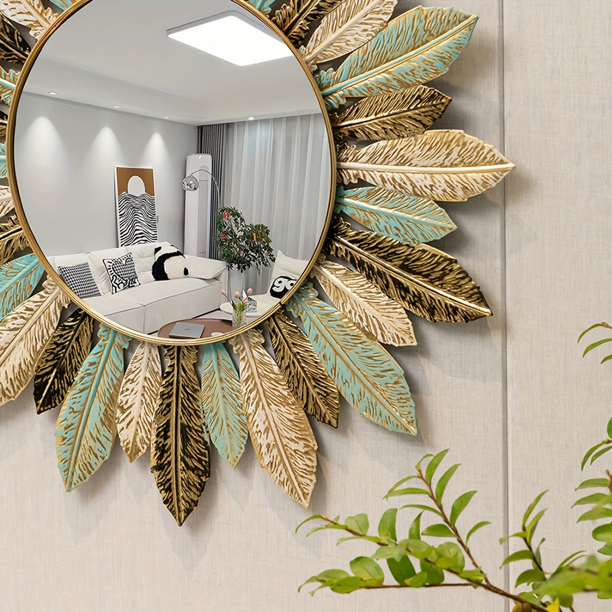 Teal and Gold Leaf Sunburst Wall Mirror in Metal