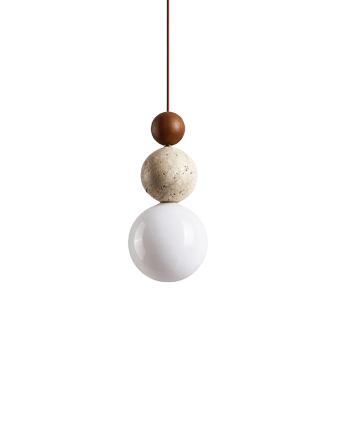 Suspension bois, pierre texturée et sphère de verre