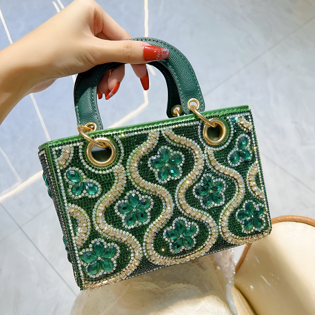 Emerald Green Handbag with Embellished Floral Design