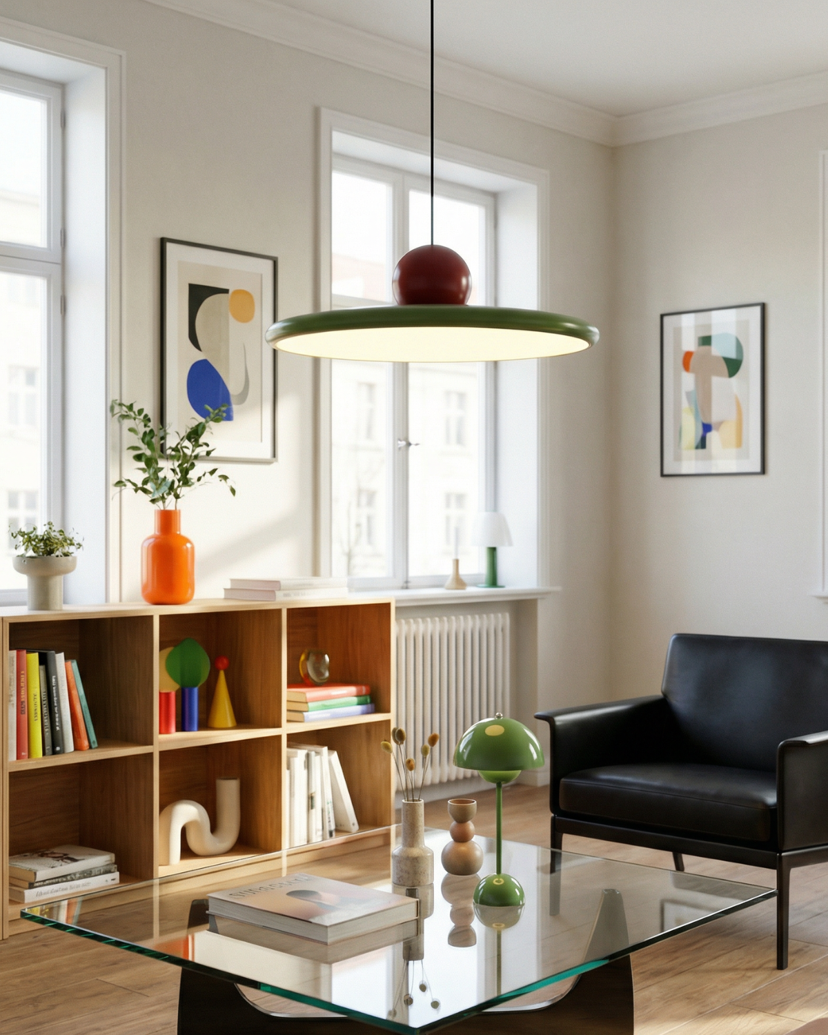 Suspension LED disque et sphère laquée, style Bauhaus