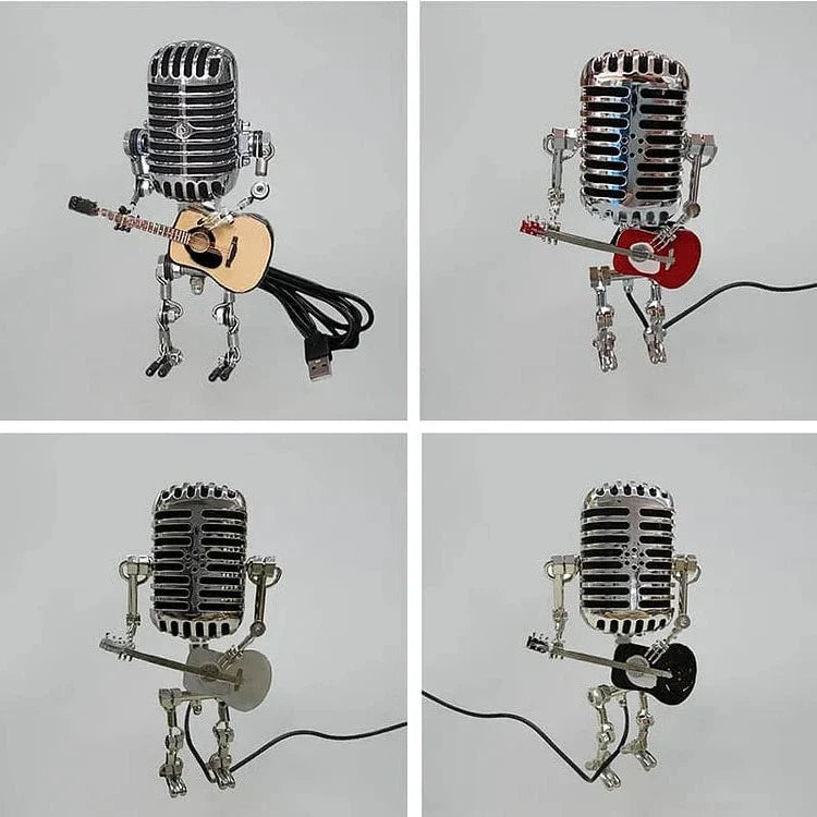 Vintage Metal Microphone Robot Lamp with Guitar