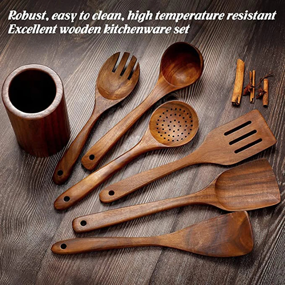 Natural Teak Wood Kitchen Utensil Set, 6 or 9 Pieces