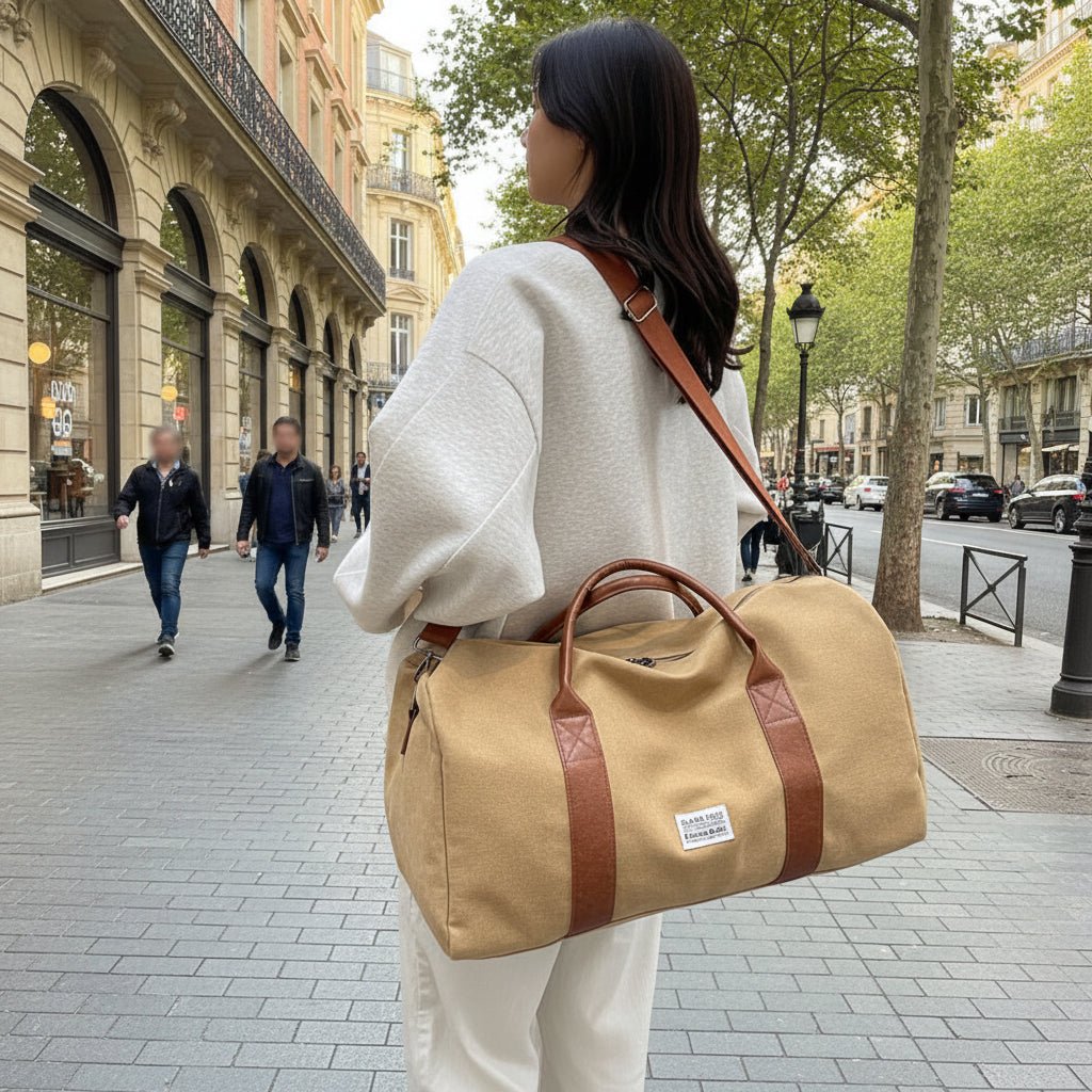 Sac week-end vintage en toile délavée et cuir