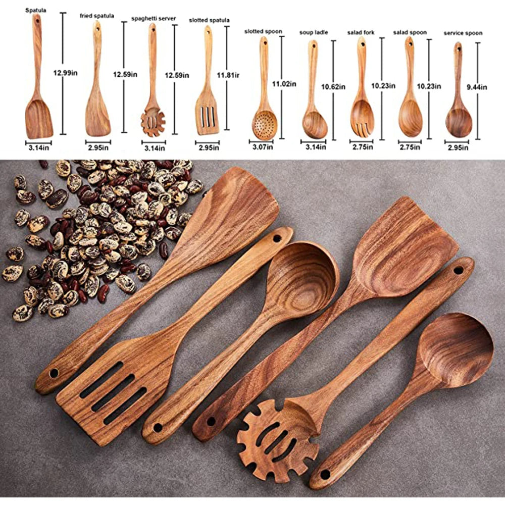 Natural Teak Wood Kitchen Utensil Set, 6 or 9 Pieces