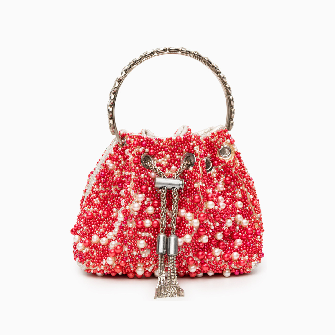 Sac seau à strass, perles et pompon métallique