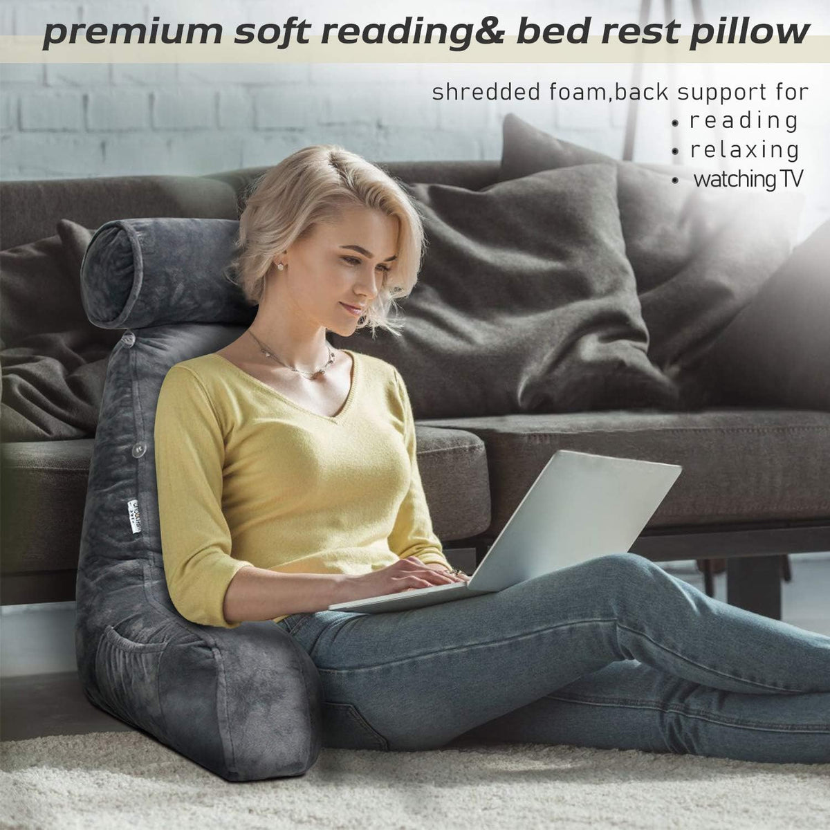 Coussin de lecture avec accoudoirs et poche latérale