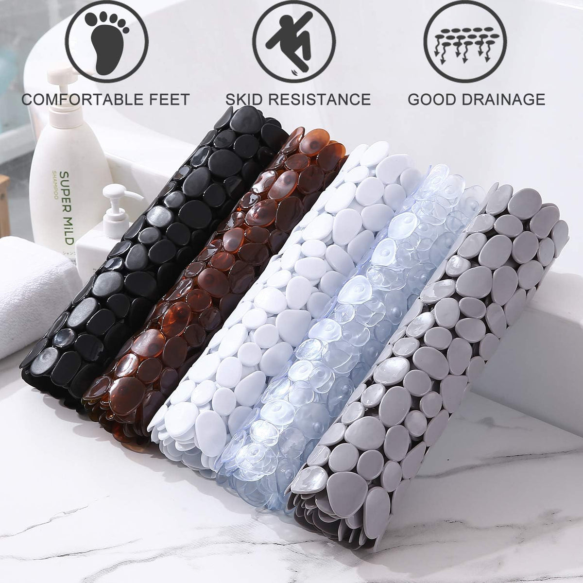 Pebble-Effect PVC Shower Mat, 88 × 40 cm