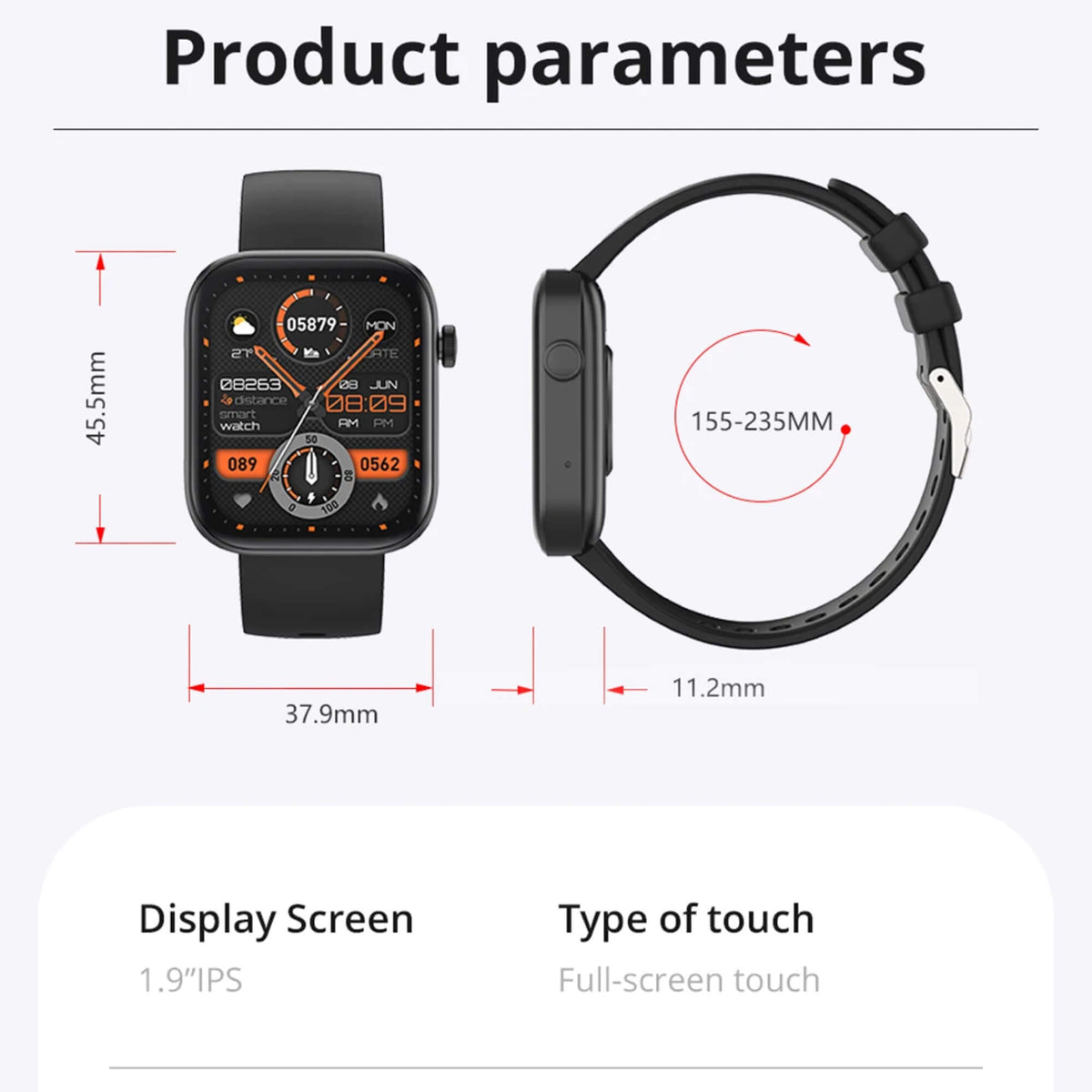Montre connectée 1,9 pouce avec appels Bluetooth, 140 modes