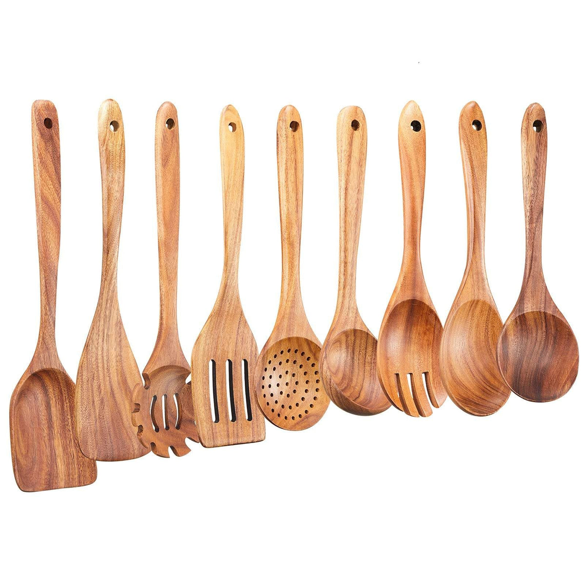 Natural Teak Wood Kitchen Utensil Set, 6 or 9 Pieces
