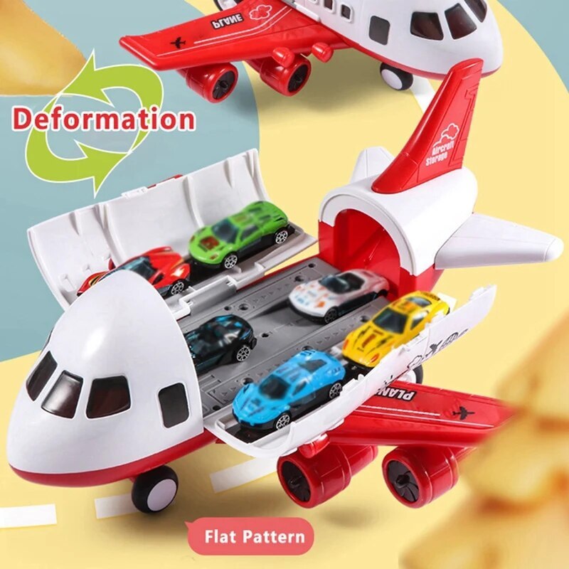 Grand avion jouet avec piste de course et 6 voitures
