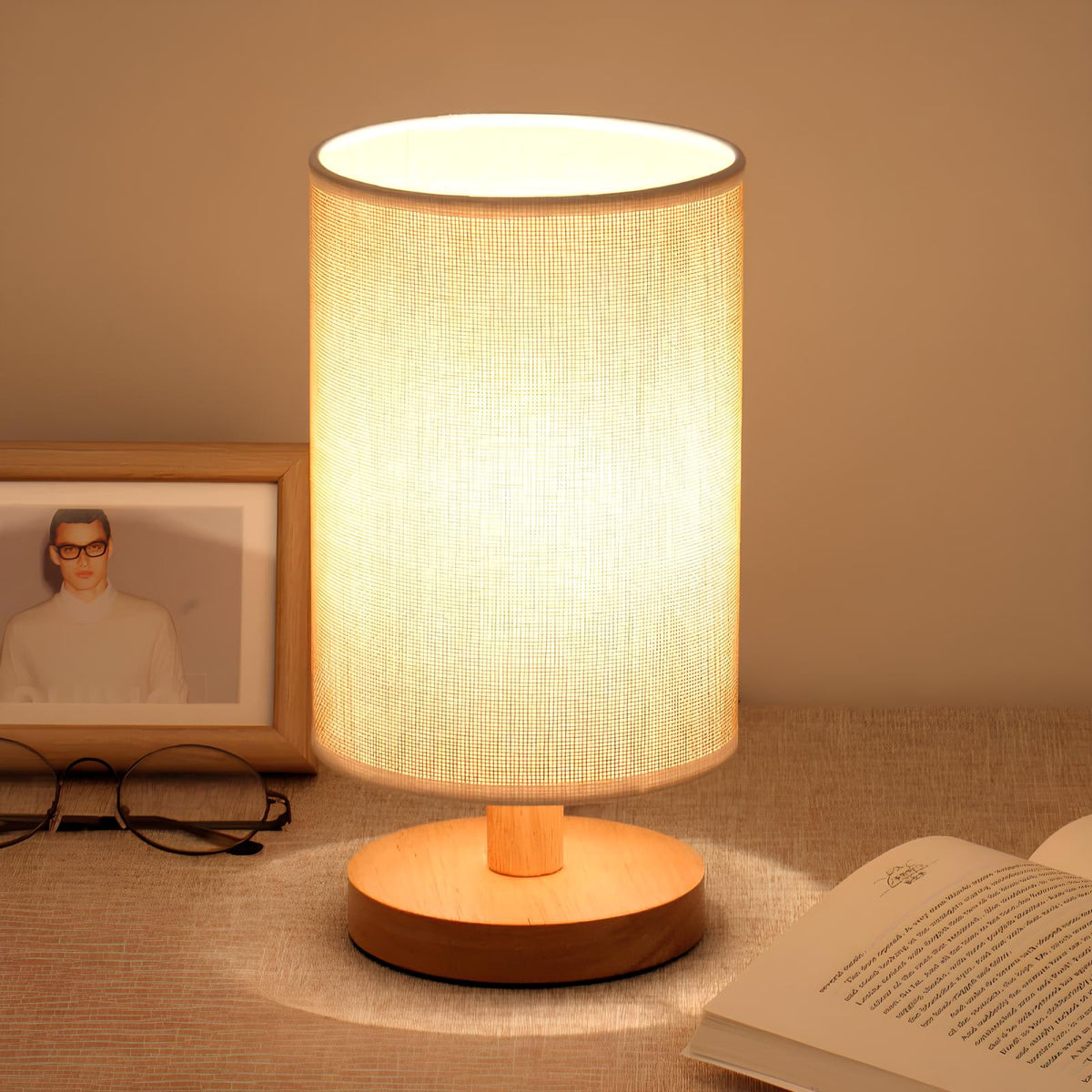 Wood and Fabric Table Lamp with Remote Control