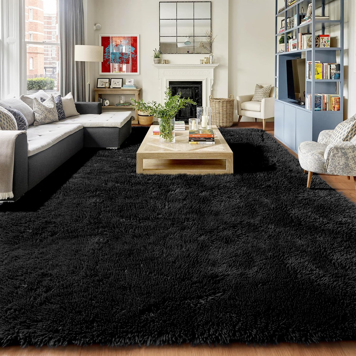 Très grand tapis shaggy noir 400 x 200 cm