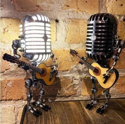 Vintage Metal Microphone Robot Lamp with Guitar