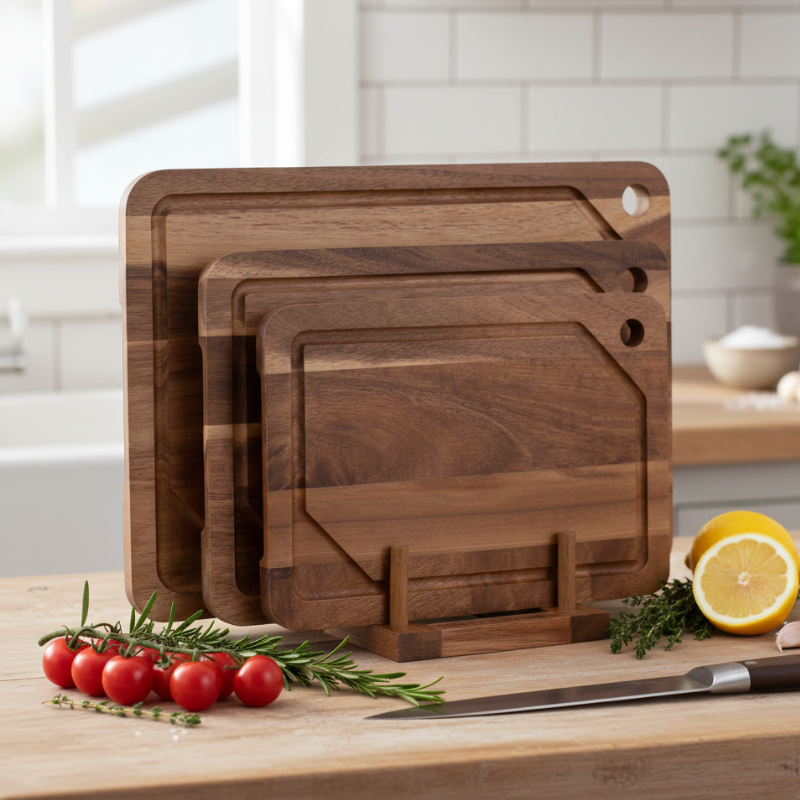 Set of 3 Acacia Wood Chopping Boards with Stand