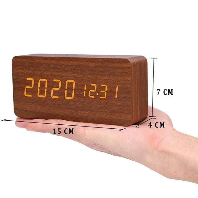 Wood-Effect LED Alarm Clock with Voice Control