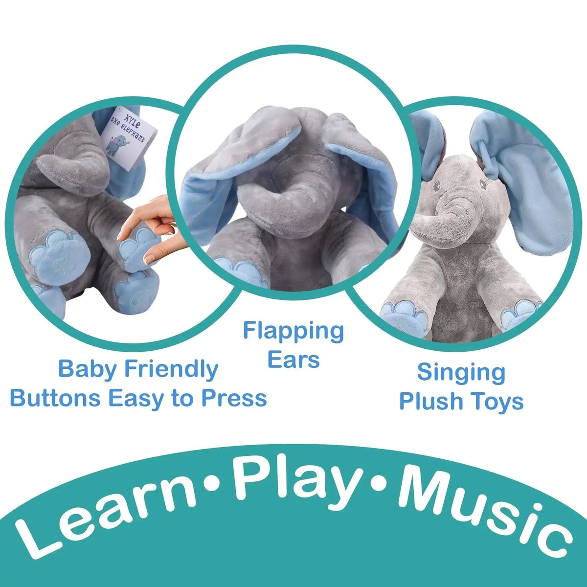 Peluche éléphant musicale aux oreilles animées
