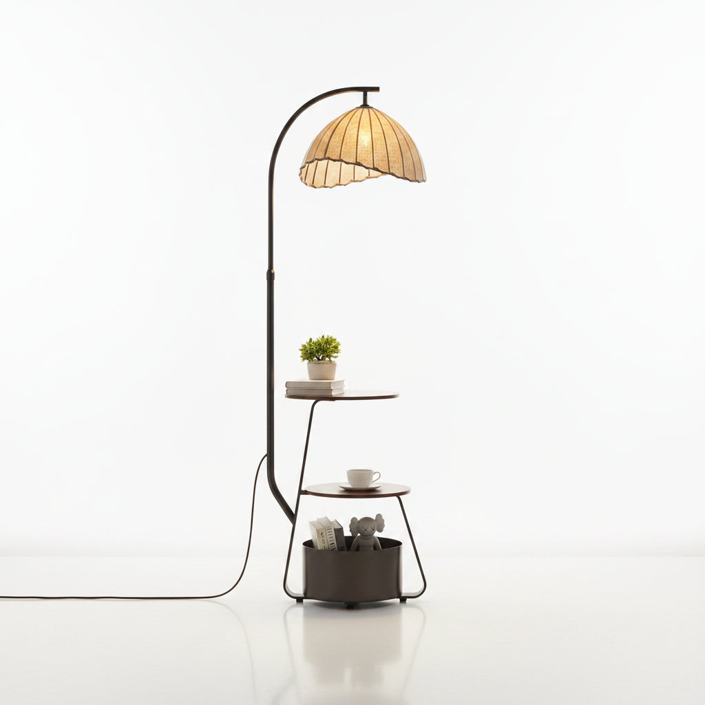 Bronze Arc Floor Lamp - Adjustable Timber Shade 0