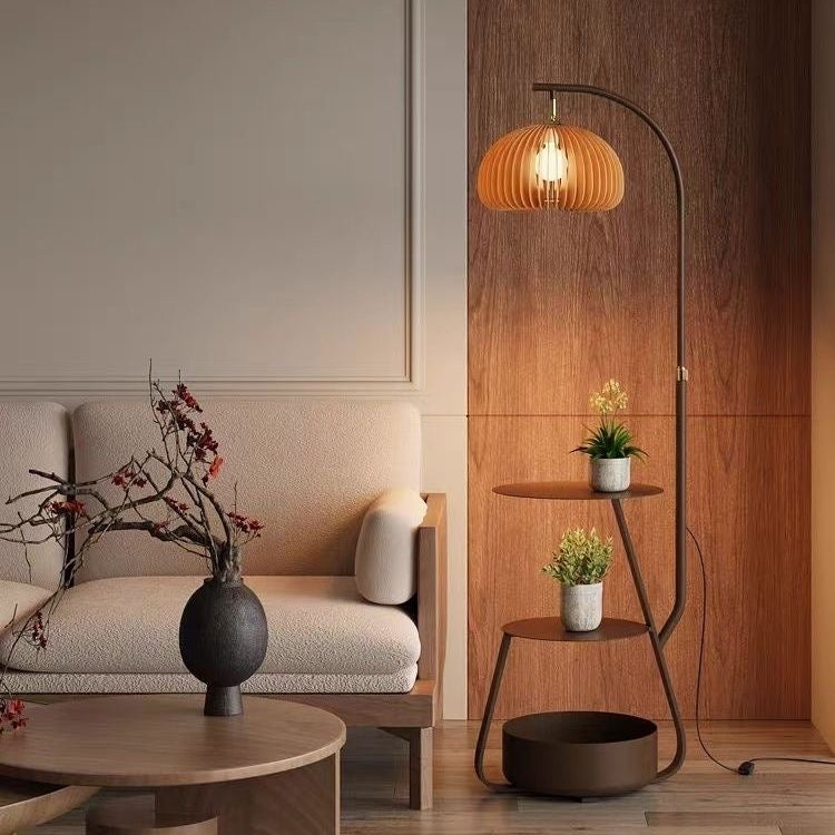 Bronze Arc Floor Lamp - Adjustable Timber Shade 2