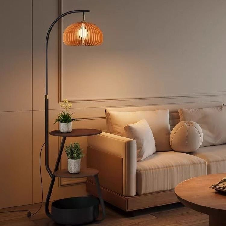 Bronze Arc Floor Lamp - Adjustable Timber Shade 4