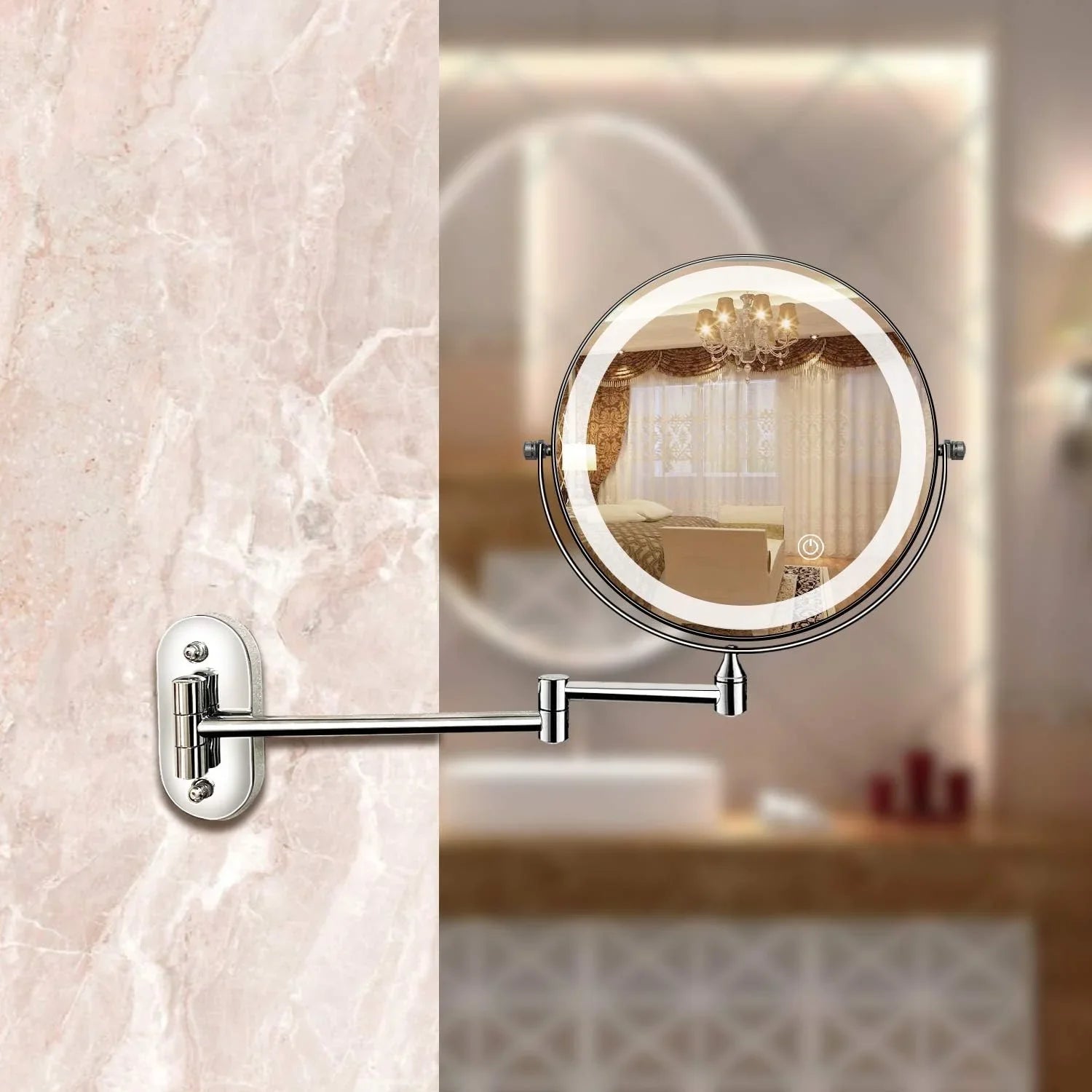 Chrome LED Vanity Mirror - Adjustable Magnification 5