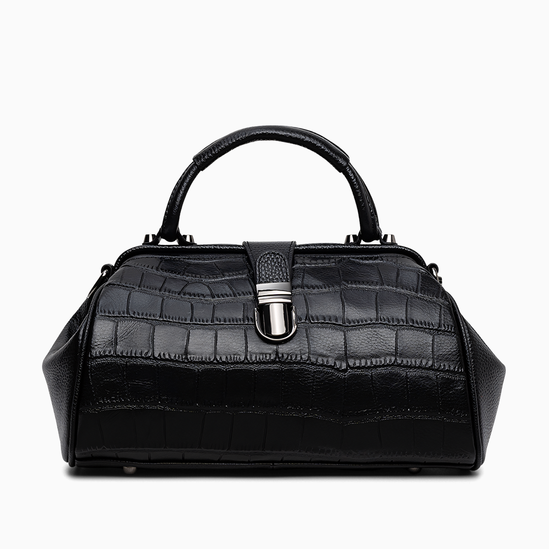 Croc-Effect Leather Handbag with Silver Clasp