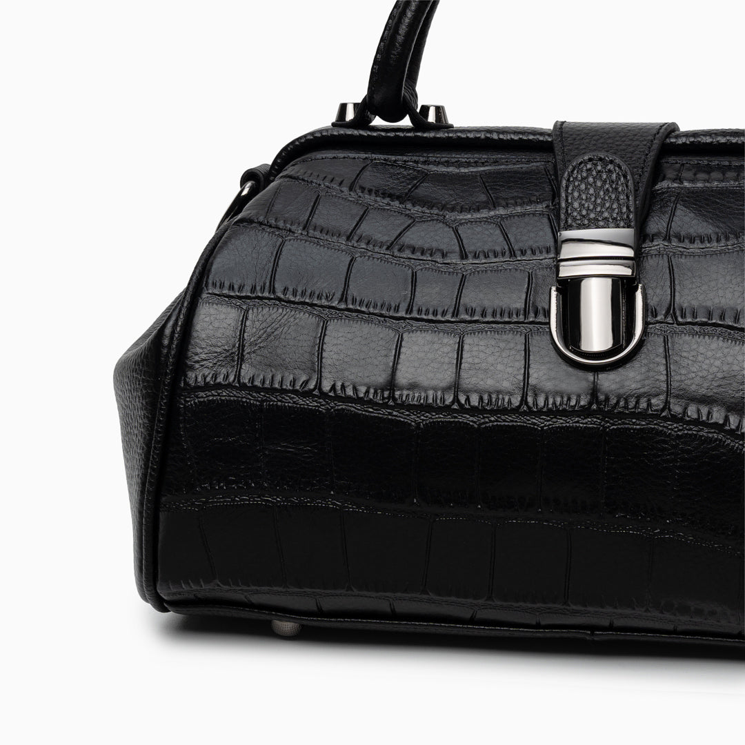 Sac à main en cuir effet croco, fermoir argenté