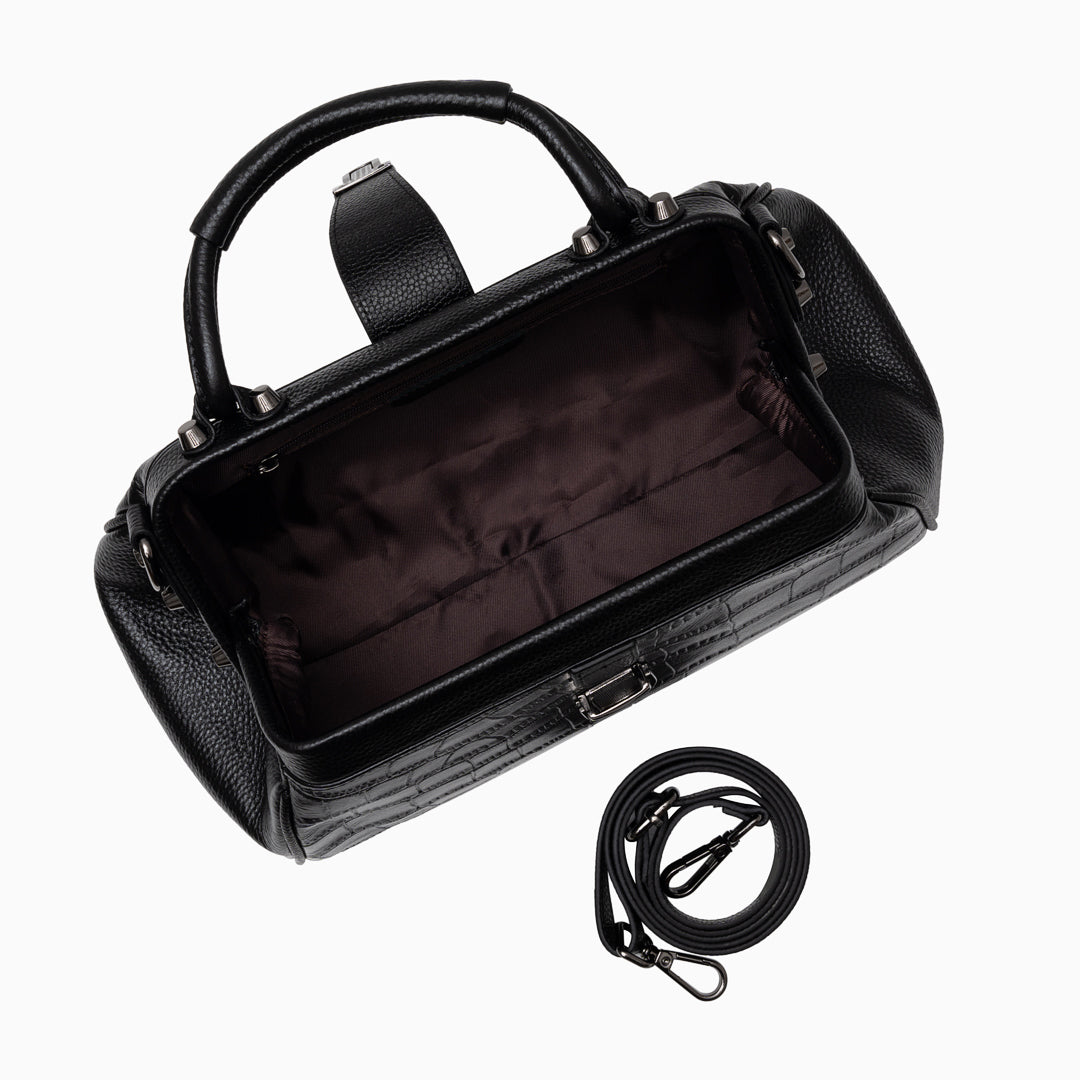 Croc-Effect Leather Handbag with Silver Clasp