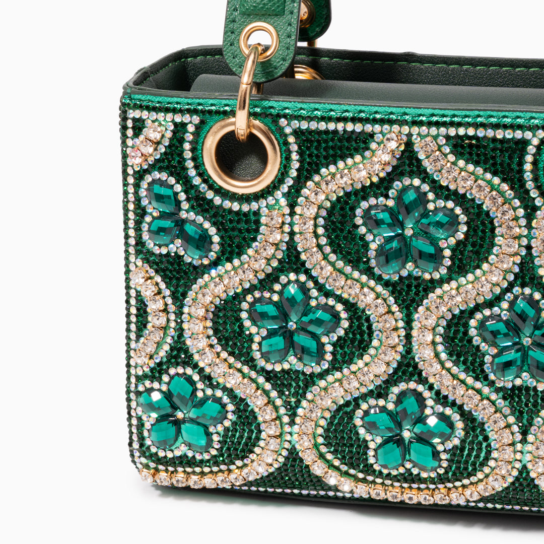 Sac à main vert émeraude à motif floral orné