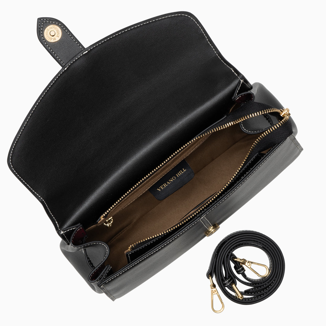 Black Structured Handbag with Flap and Top Handle