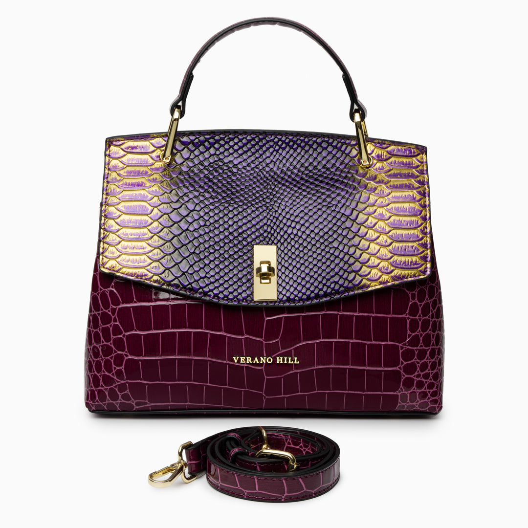 Sac épaule effet croco à fermoir tournant doré