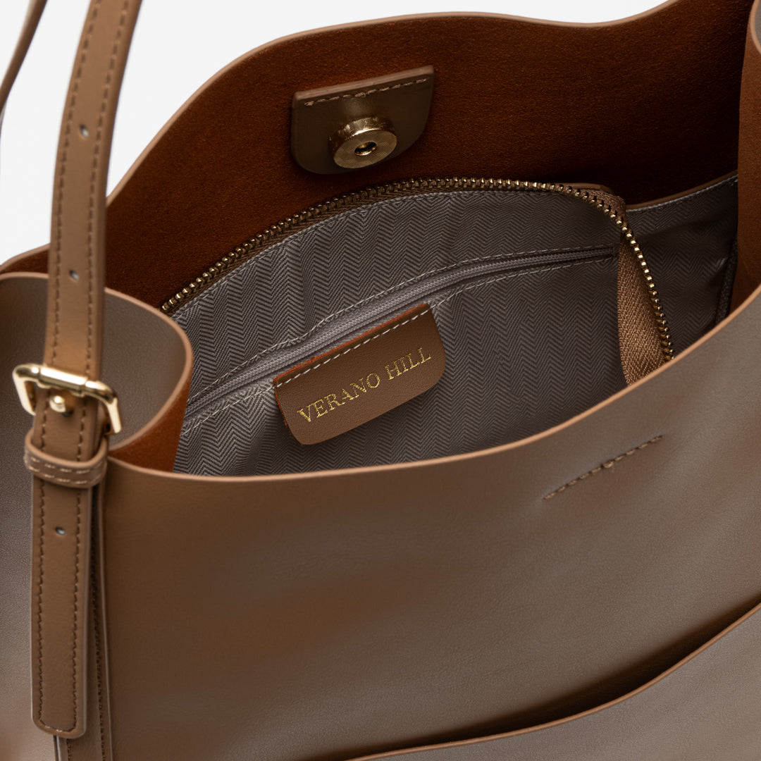Sac cabas en cuir véritable zippé, bandoulière