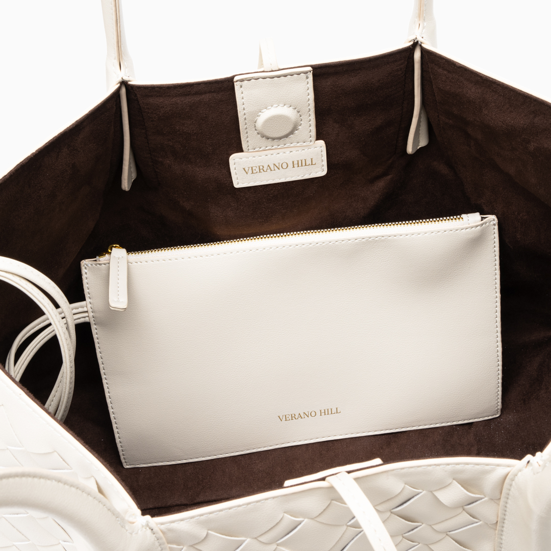 Sac cabas tressé blanc à longues anses