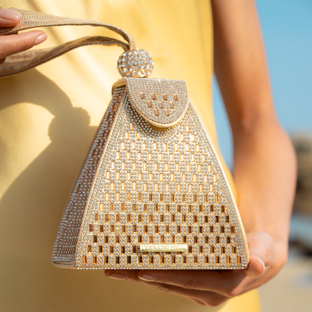Sac à main pyramide à strass, anse en satin