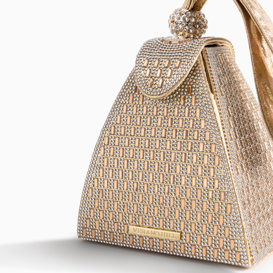 Sac à main pyramide à strass, anse en satin