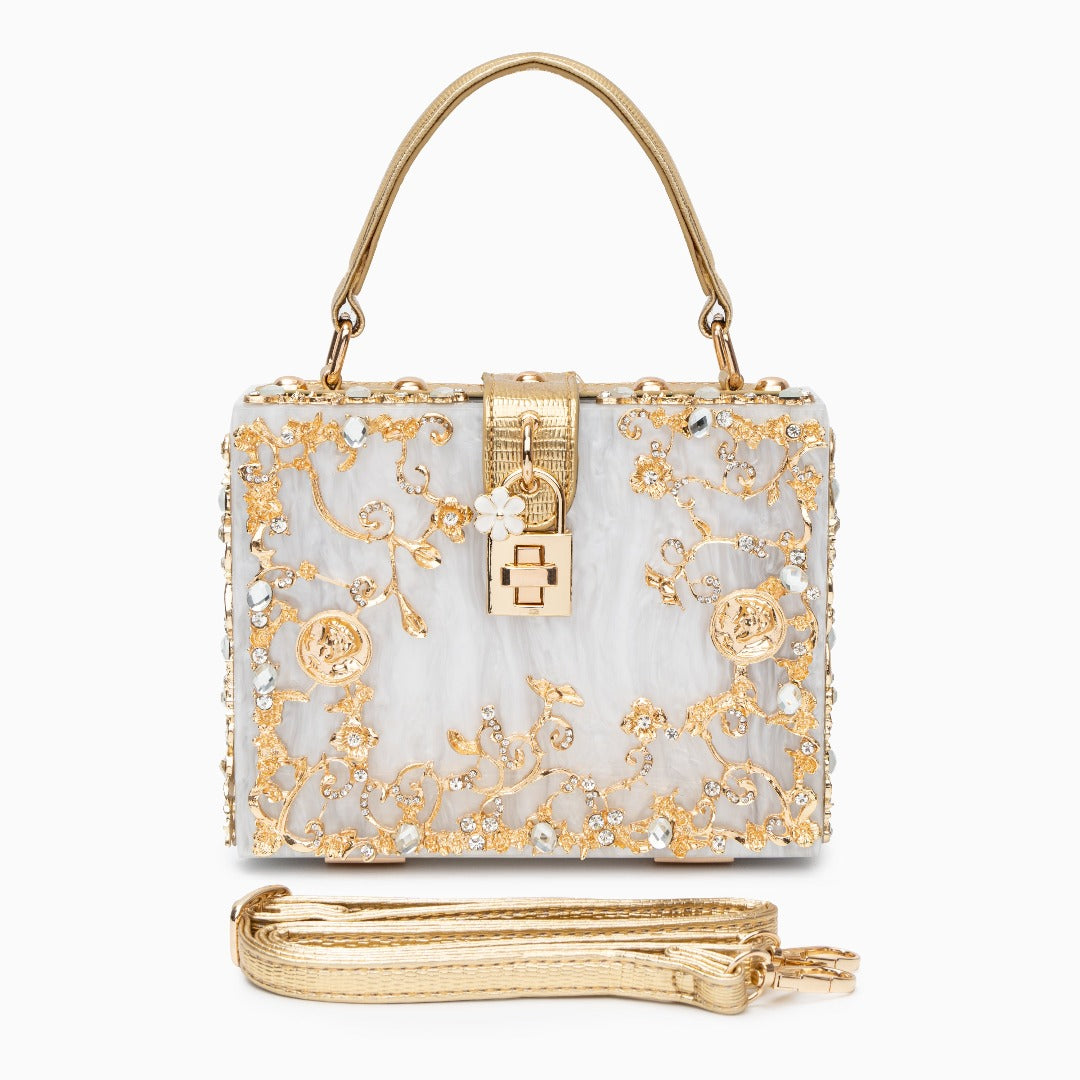 Sac boîte en acrylique à ornements floraux dorés