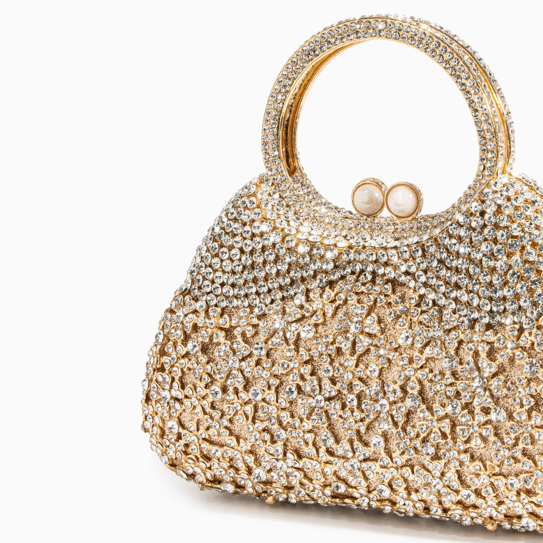 Pochette à strass motif floral et anse ronde